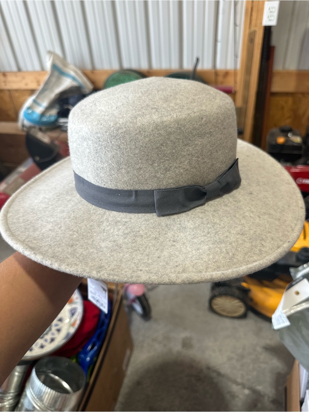 Gray Wool Felt Wide-Brim Hat with Blue Ribbon